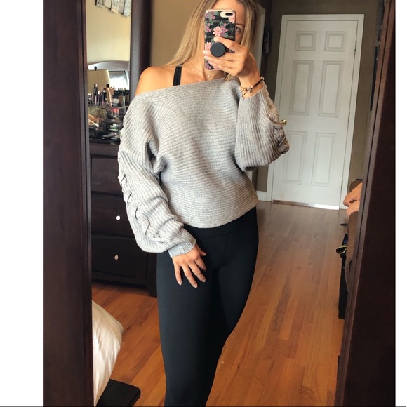 Gray Off-Shoulder Knit Sweater - Picture 6 of 7